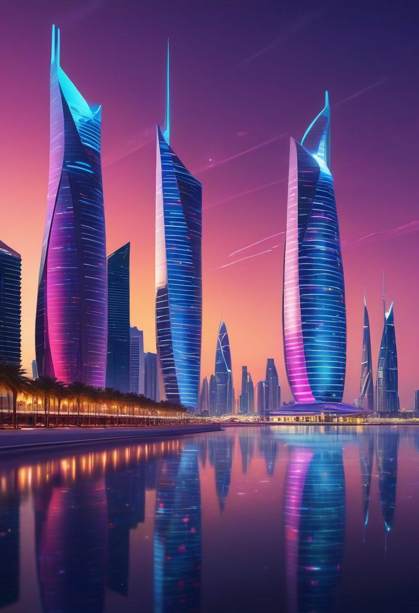 A futuristic skyline of Qatar featuring iconic landmarks like the Aspire Tower and the Pearl-Qatar, interconnected by glowing digital lines and data streams representing internet connectivity. Show diverse people using tablets, smartphones, and laptops in public spaces, emphasizing engagement with online solutions. Incorporate elements like holograms and digital interfaces integrated into the urban environment. super-realistic. vibrant colors. 3D.