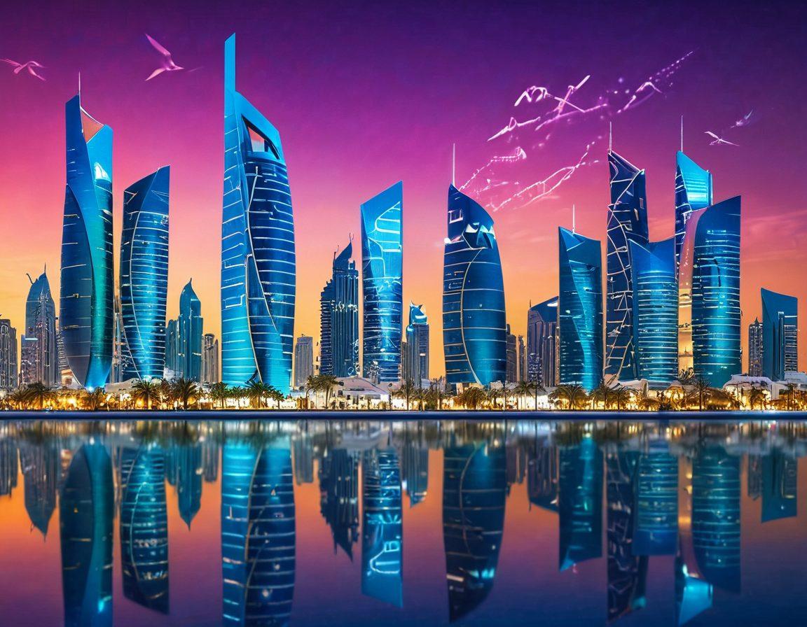 A dynamic and modern skyline of Doha, Qatar with futuristic towers and digital holograms projecting business analytics and web services icons. The image should capture a blend of traditional Arabic architecture with cutting-edge technology elements. Include business people interacting with digital devices, showcasing online solutions and innovation. vibrant colors. super-realistic.