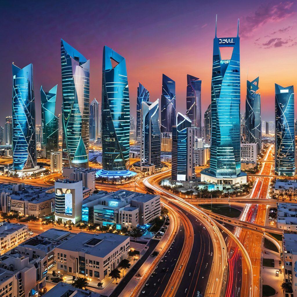 A dynamic cityscape of Doha, with modern skyscrapers and a bustling business district in the background. In the foreground, vibrant digital icons representing web services, analytics, and digital marketing are interconnected, symbolizing growth and expansion. Bright, energetic lines illustrate connection and progress. super-realistic. vibrant colors. professional tone.